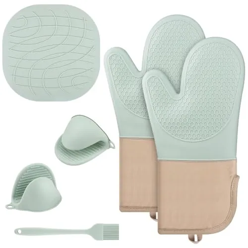 Rurbeder 6er Set Ofenhandschuh Silikon Ofenhandschuhe mit Silikonunterlage & Pinsel,Topfhandschuhe rutschfest und Hitzebeständig, Geeignet für Kochen, Backen Grillen,(Minzgrün) ofenhandschuhe silikon