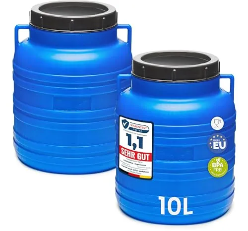 Garronda 2x 10L Weithalsfass BPA-frei – Universelles Futter- und Regenwasserfass - Set aus 2 BPA-freien Fässern mit 10L Volumen. Ideal für die Aufbewahrung von Lebensmitteln oder als Regenwasserfass. Robust, leicht zu befüllen und zu reinigen. Perfekt für Haus, Garten und Werkstatt.