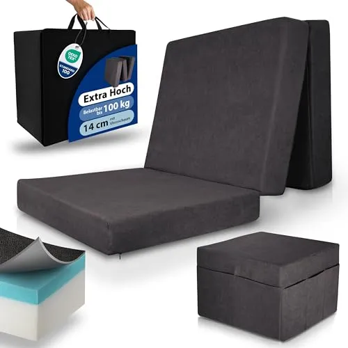 Beautissu Premium L Klappmatratze 80x200cm Gästebett faltbar inkl. Husse – extra dick 14cm Visco-Matratze optimaler Härtegrad H3 hoher Schlafkomfort – waschbar Gästematratze klappbar – Anthrazit
