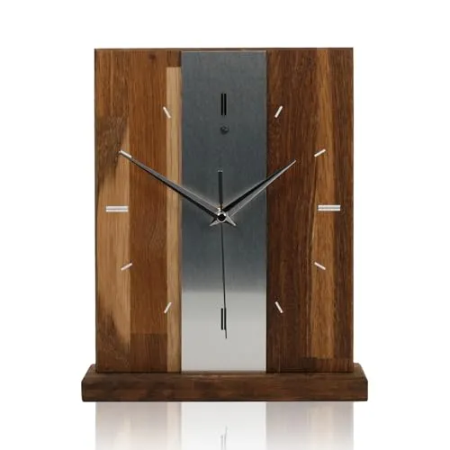Kreative Feder Designer-STANDUHR Silver Stripe aus MASSIVHOLZ ca. 27x20cm – analoge TISCHUHR ohne Tickgeräusche (Eiche geräuchert, Quarzuhrwerk)