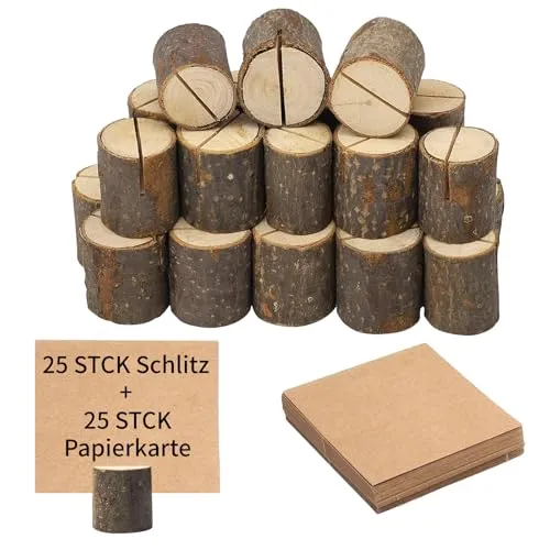 ZHTLTHZ 25 Stück Kartenhalter Holz 3.2*3.2cm + 25 Kraftpapier, Menükartenhalter Tischkartenhalter Platzkartenhalter Halterung für Getränkekarten - für Hochzeiten, Taufe, Weihnachten, Geburtstage