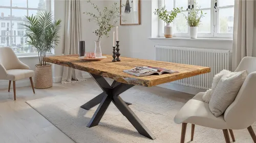 Massivart® Baumkantentisch TIM - Industrial Look aus Mangoholz - Baumkantentisch aus 55 mm Massivholz mit Spider X-Gestell in schwarz, ideal für einen rustikalen und modernen Wohnstil.