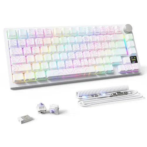 MAMBASNAKE Attack Shark X820 Ultra Gaming Mechanische Tastatur mit BT/2.4G Kabellos/Kabel, QWERTY 75% TKL Gasket Hot Swap, TFT Bildschirm & Knopf, LIGHTSYNC RGB Chroma, Coiled Cable-Gift Switch/Weiß