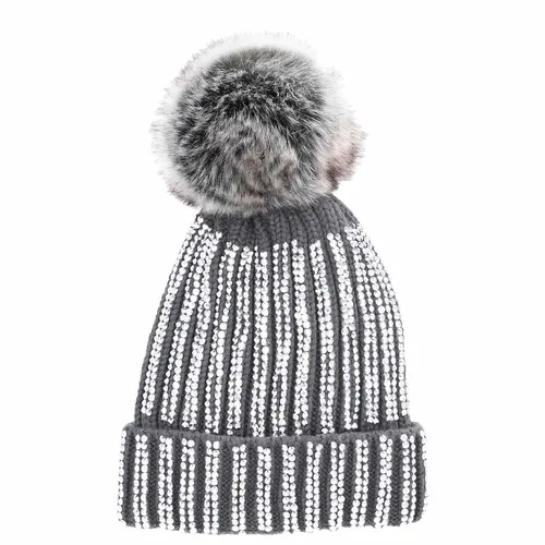 Antonio Strick Mütze Beanie mit Bommel und Pailletten  dunkelgrau