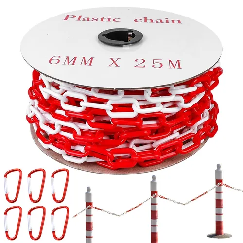 25m Absperrkette, 6mm Absperrkette Rot Weiß Kunststoff mit 6 Karabinern, Plas...