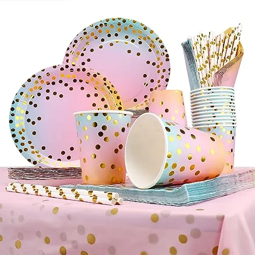 Mkitnvy Geburtstag Party Geschir 126 pcs,Regenbogen Pappteller Set,Regenbogen Partyzubehör Pappteller Set,mit Bunt Pappteller, Pappbecher,Tischdecke, Servietten und Strohhalme für viel Gäste