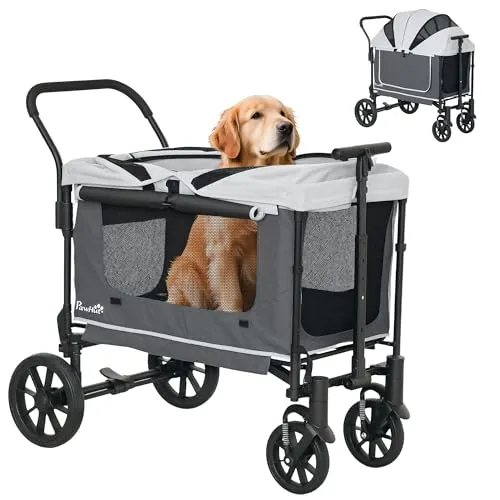 PawHut 2 in 1 Hundewagen - Klappbarer Hundebuggy für Hunde & Katzen bis 30 kg - Praktischer Hundewagen für entspannte Ausflüge: geräumig, wetterfest und einfach zu verstauen. Ideal für Tiere bis 30 kg mit einem waschbaren Kissen für zusätzlichen Komfort.