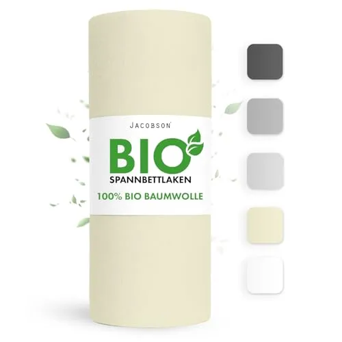 Jacobson Bio Spannbettlaken 120x200cm Baumwolle Spannbettlaken, GOTS zertifiziertes Bettlaken, 160g/m² Jersey Spannbetttuch (120x200, Natur)
