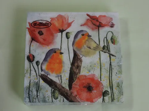 Servietten Klatschmohn Rotkehlchen Packung OVP ti-flair Blumen Vogel Mohn 20