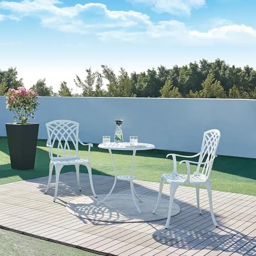 casa.pro Bistro Set Vena - 3-teiliges Balkonmöbel Set - Bistrosets für die Terrasse: Elegantes, wetterfestes Aluminiumguss-Set mit runden Tisch und 2 Stühlen, ideal für romantische Stunden im Freien.