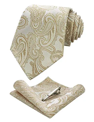 JEMYGINS Graziös Paisley Elegant Herren Krawatte und Einstecktuch mit krawattenklammer Sets (Champagner Gold)