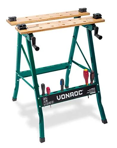 VONROC Klappbare Werkbank - Mobiler Arbeitstisch für Handwerker, bis 150kg belastbar - Werkbänke für Handwerker: Diese klappbare Werkbank bietet maximale Mobilität und Belastbarkeit bis 150kg, ideal für schnelle Projekte im und um das Haus.