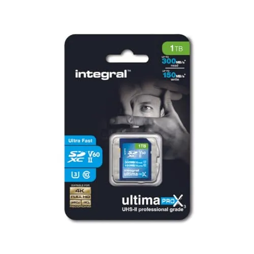 Integral 1TB UHS-II SD-Karte v60 - Speicherkarten für professionelle Fotografen mit bis zu 300MB/s Lese- und 150MB/s Schreibgeschwindigkeit, ideal für 8K- und 4K60-Videoaufnahmen ohne Frame-Verluste.