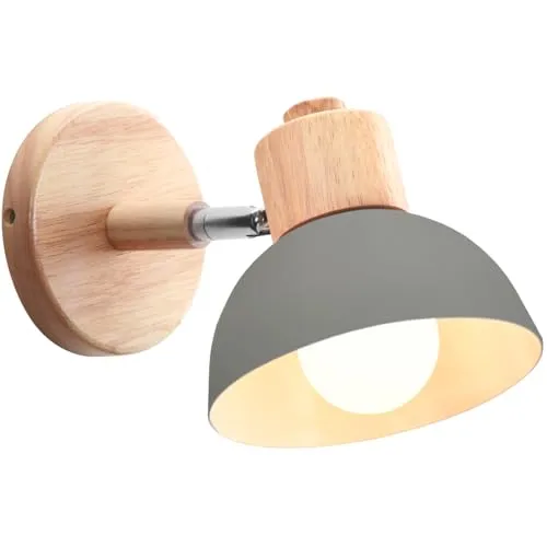 iDEGU Wandleuchte Moderne Innen Wandlampe aus Holz Metall Halbkreis Lampenschirm E27 Verstellbare Wandspot Vintage Lampe für Schlafzimmer Wohnzimmer (1 Stück, Grau)