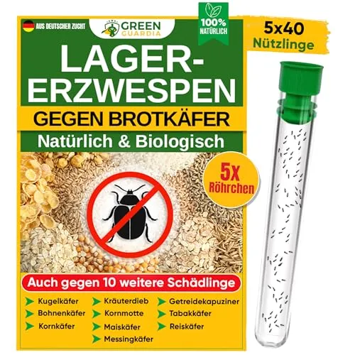 GREEN GUARDIA Lagererzwespen gegen Brotkäfer - 5 Röhrchen - Nützliche Insekten zur Schädlingsbekämpfung, effektiv gegen Brotkäfer, Kornkäfer und mehr, natürlich und sicher für Mensch und Tier.