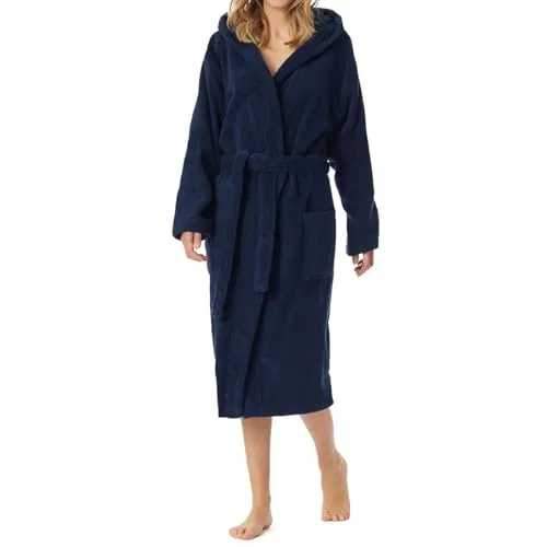 Schiesser Damen Bademantel 128545-815, Gr. 38 / M, Blau (815-navy) - Bademäntel für Damen mit kuscheliger Kapuze und großen Taschen für Extra-Komfort in weicher Frottee-Qualität, hergestellt in Europa.
