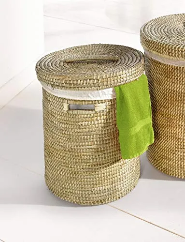 Dekoleidenschaft Wäschekorb aus Seegras, Ø 40 x 50 cm, mit Deckel - Wäscheboxen aus handgeflechtetem Seegras, mit herausnehmbarer Textileinlage für sicheren Stauraum und ordentlichen Look in jedem Raum.