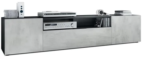 Vladon Lowboard Mogan – TV-Kommode in Schwarz matt und Beton Oxid-Optik - Modernes Lowboard mit 2 Türen und 1 offenes Fach, ideal für die Unterhaltungselektronik. Einfache Selbstmontage und pflegeleichte Oberfläche garantieren praktische Nutzung im Wohnbereich.