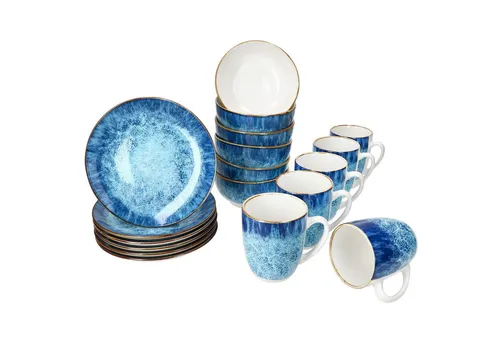 MamboCat Frühstücks-Geschirrset Marina 18tlg – Porzellan für 6 Personen - Geschirr-Frühstückssets mit maritimen Design und haptischer Gischt-Oberfläche, ideal für ein stilvolles Frühstück oder Kaffeezeit.