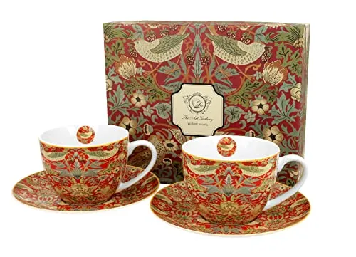 Duo Kollektion Art Gallery by William Morris EIN Satz von 2 Tassen mit Untertassen Strawberry Thief RED aus New Bone China Porzellan in Geschenkbox, Kaffeetasse, Füllmenge 280 ml