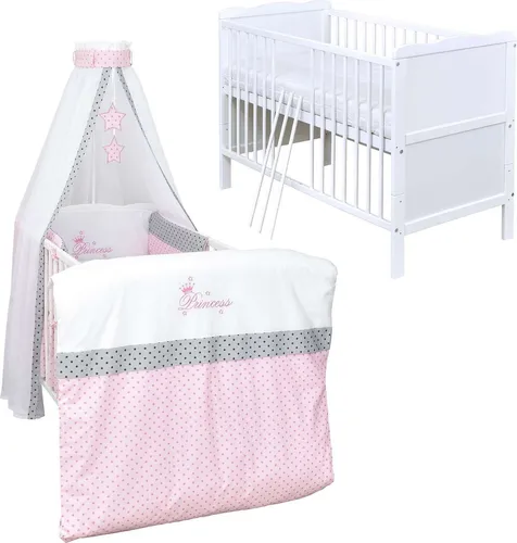 Baby-Delux Babybett Jack 140x70 Weiß aus Kiefernholz mit 10-teiligem Set - Robustes Babybett aus Kiefernholz mit 3 höhenverstellbaren Lattenrosten. Inklusive hypoallergener Matratze und waschbaren Bezügen für höchsten Komfort und praktische Pflege.