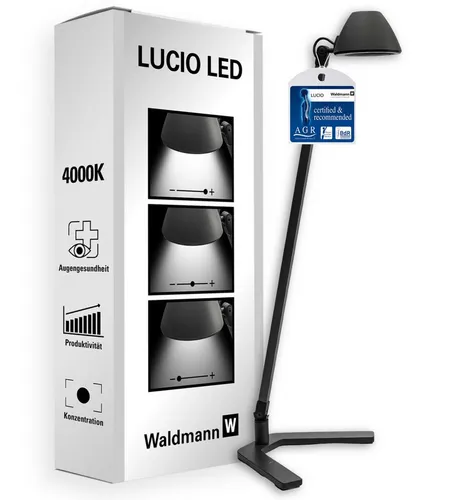 Waldmann Schreibtischlampe Lucio - dimmbar LED mit Standfuß - Wandleuchte mit 295 Lumen, neutralweißem Licht (4.000 K) und dreh- sowie neigbarem Leuchtenkopf für optimale Flexibilität. Ideal für präzises Arbeiten.