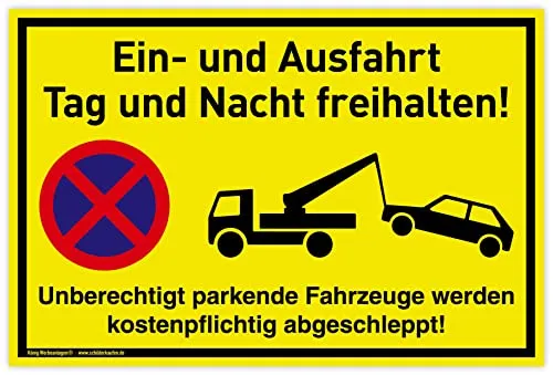 Schild Ein- und Ausfahrt | Wetterfestes PVC-Schild 30x20 cm - Sicherheitsschild für Ein- und Ausfahrt, signalgelb mit UV-Schutz. Ideal für Tag und Nacht, um unberechtigt parkende Fahrzeuge abzuschleppen. Hochwertig und wetterfest, einfach zu montieren.