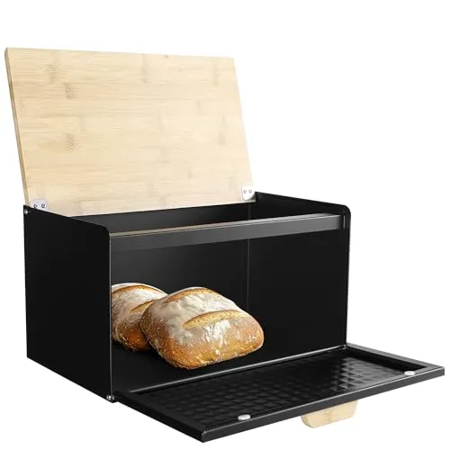 Navaris Brotkasten Metall Groß Schwarz - Praktische Brotaufbewahrung mit Bambus Deckel - Brotkästen mit modernem Design und großer Lagerkapazität, ideal für frische Backwaren und vielseitig einsetzbar in jeder Küche.