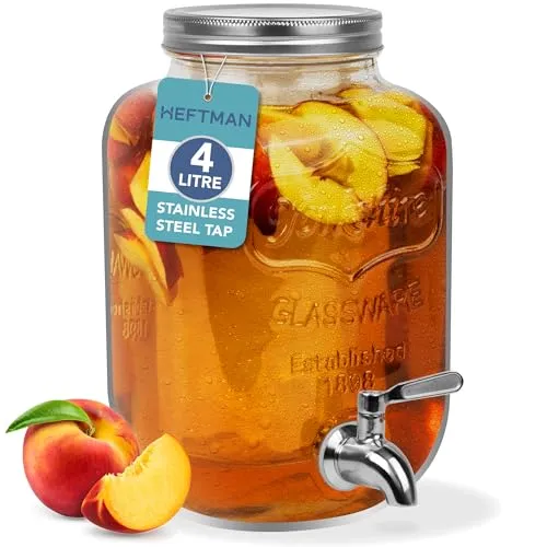 HEFTMAN Getränkespender aus Glas mit Zapfhahn – 3,7 Liter Mason Jar & Eiszylinder Kühlschrank Wasserspender, Punsch, Cocktails