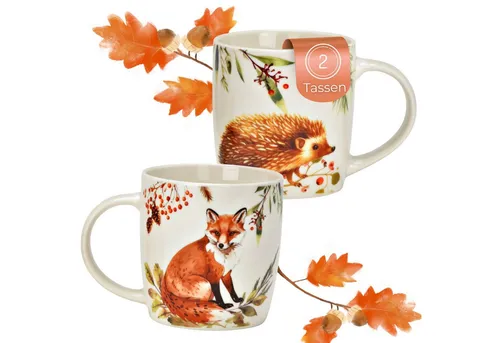 matches21 HOME & HOBBY Tasse Herbst Tassen Fuchs & Igel, 350 ml Kaffeetasse aus Porzellan, 2-tlg., Porzellan, Spülmaschinenfeste & Mikrowellengeeignete Teetasse