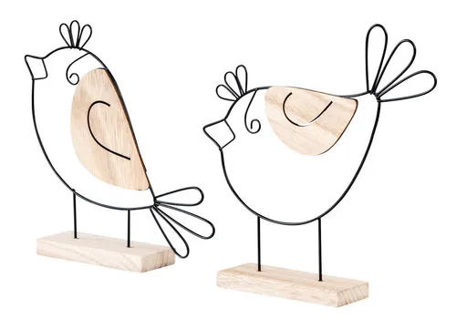Levandeo® Dekoobjekt, 2er Set Deko Aufsteller Vogel Metall Holz Schwarz Natur Draht Deko