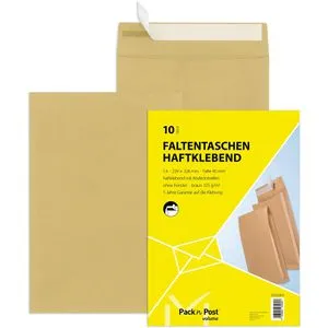 Mailmedia Faltentaschen C4, braun, ohne Fenster, haftklebend, 10 Stück
