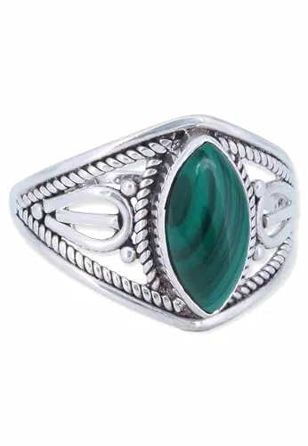 mantraroma Ring Silber 925 Damen Malachit Edelstein grün ausgefallen verspielt