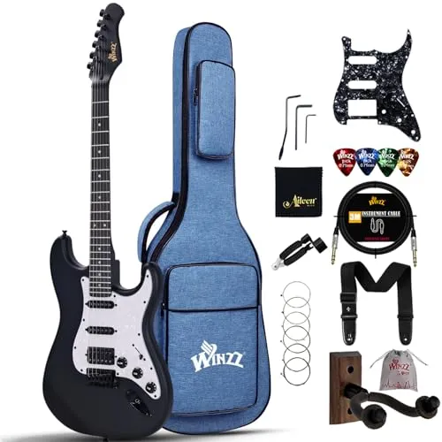 Winzz Erwachsene E-Gitarre 4/4 Größe, ST HSS Tonabnehmer, für Anfänger Starter Paket mit 12 Zubehör, Ideal Kinder E-Gitarre Kit 12+ Jahre (39
