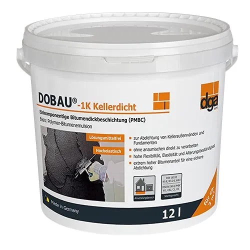 Dobau Dickbeschichtung 1k Eimer 12 l - Effektive Kellerabdichtung - Wasserabdichtungen mit einkomponentiger, kunststoffmodifizierter Bitumendickbeschichtung für dauerhafte Abdichtungen gegen Bodenfeuchte und nicht drückendes Wasser.