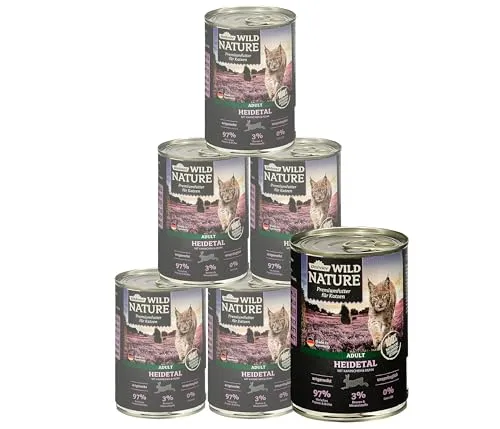 Dehner Wild Nature Katzenfutter Heidetal, Nassfutter getreidefrei / zuckerfrei, für ausgewachsene Katzen, Kaninchen / Huhn, 6 x 400 g Dose (2.4 kg)
