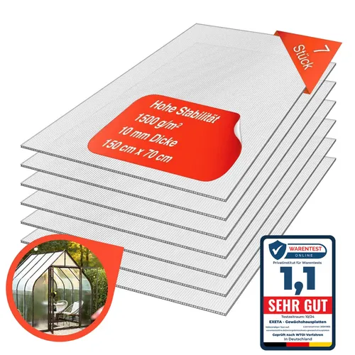 Exeta Gewächshausplatten 10mm - 7 Stück UV-beständig - Set mit 7 hochwertigen Gewächshausplatten aus 10mm Polycarbonat, ideal für Gartenbau und Überdachungen. Bruchsicher und einfach zu bearbeiten, bieten sie optimalen Schutz für Pflanzen und Strukturen.