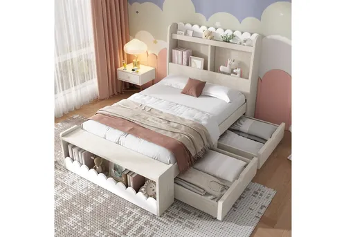 Okwish Einzelbett 90x190 cm in Weiß mit Holzmaserung - Elegantes Kinderbett mit verspieltem Design und praktischen Schubladen. Robuster Rahmen aus MDF und Massivholz für hohe Stabilität. Ideal für ein gemütliches Schlafzimmer!