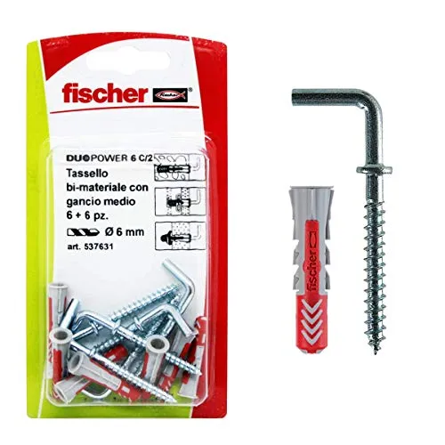 Fischer 537631 Dübel mit Haken Medium Duopower, grau/rot, 6 x 30 mm, 6 Stück