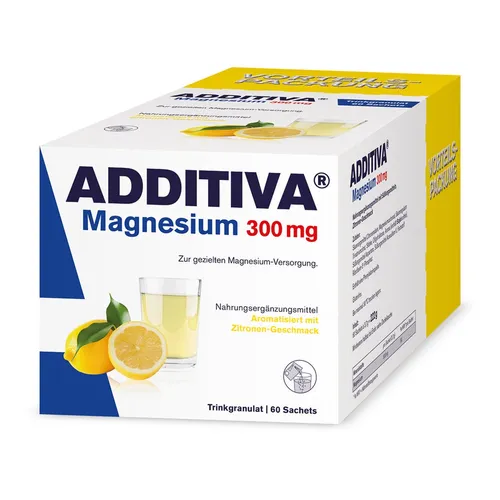 Additiva Magnesium 300mg N 60 ST - Nahrungsergänzungsmittel mit 300 mg Magnesium pro Beutel, unterstützt die Muskelfunktion und das Wohlbefinden – ideal für aktive Menschen.