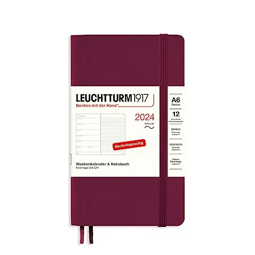 LEUCHTTURM1917 367795 Wochenkalender & Notizbuch Pocket (A6) 2024, Softcover, Port Red, Deutsch, 12 Monate
