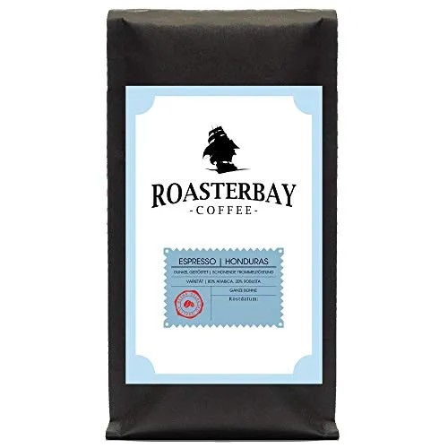Roasterbay Premium Espresso | Honduras | Ganze Kaffeebohnen | 80% Arabica, 20% Robusta | Dunkle, schonende Trommelröstung | 1000 Gramm