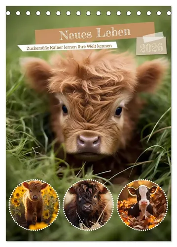 CALVENDO Wandkalender Neues Leben 2026 - Hochwertiger Tischkalender mit 12 KI-generierten Bildern süßer Kälber, FSC-zertifiziert und umweltfreundlich produziert in Deutschland. Ideal für eine fröhliche Atmosphäre in jedem Raum.