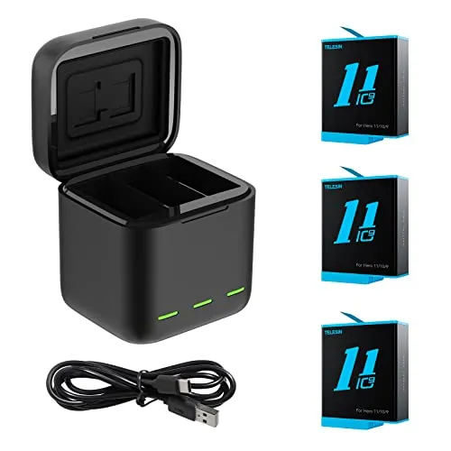 TELESIN Dreifach-Ladegerät und Akku-Speicherbox mit Ladegerät mit 3 Kanälen mit 3 Li-Ion-Akkus für GoPro Hero 12 Hero 11/10/9 Black (1 Ladegerät + 3 Akkus)