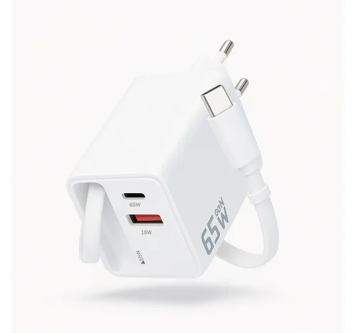 Alpha Electronics 65W GaN 3-Port USB C Ladegerät mit Einziehbarem Kabel - Leistungsstarkes 65W Ladegerät mit ausziehbarem USB-C Kabel – ideal für schnelles Laden von Smartphone, Tablet & Laptop. Kompakt und perfekt für Reisen, bietet es eine praktische Lösung für mehrere Geräte.