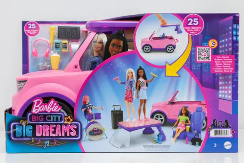 Barbie Big City Big Dreams Cabrio, 2-in-1 Bühne - Puppenset mit umwandelbarem SUV in Bühne, über 20 Zubehörteile für Konzerte, ideal für kreative Kinder ab 3 Jahren.