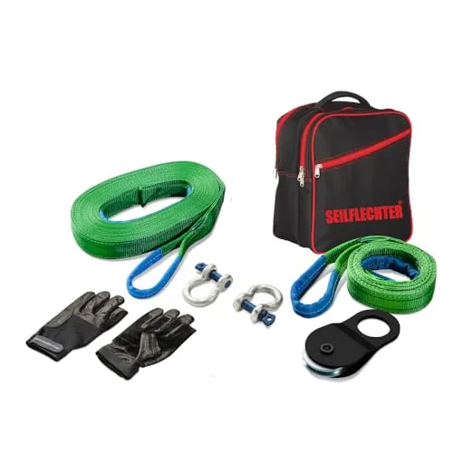 Seilflechter - Offroad Bergeset, Fahrzeuge bis 4,5t, inkl.: Winde, Abschleppseil 8m, Umlenkrolle, Baumankergurt, Metallschäkel und Rucksack