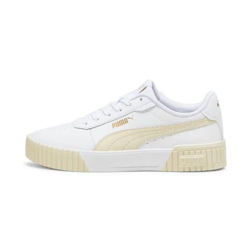 PUMA Damen Carina 2.0 Sneaker - Stilvoll in Weiß mit Gold-Details - Damen-Sneaker aus hochwertigem Leder mit perforiertem Vamp, breiten Linien an der Ferse und rutschfester Gummisohle für optimalen Komfort und trendigen Look.