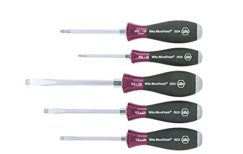 Wiha Schraubendreher Set MicroFinish (29138) - 5 tlg. mit Stahlkappe - Schraubendreher-Set für feuchte und ölige Arbeitsumgebungen. Integrierte Schlagkappe und Anti-Rutsch Griff für sicheres Arbeiten. Ideal für Handwerk und Industrie.