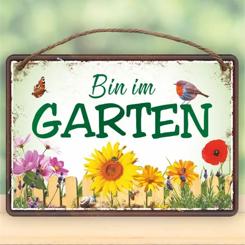 Metallschild Blechschild Schild mit Kordel zum Anhängen 16,5x12 - Bin im Garten